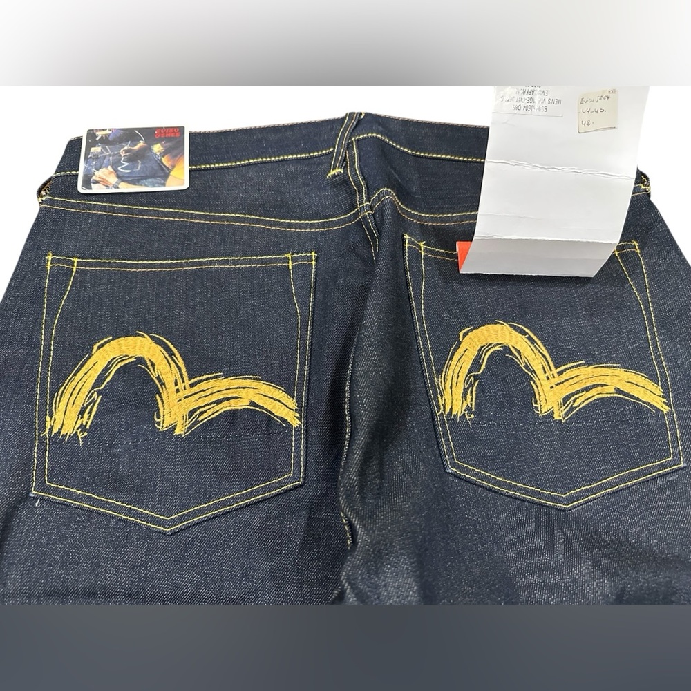 Vtg Evisu seldvage denim‎ with gold embroidered logo in the pockets
